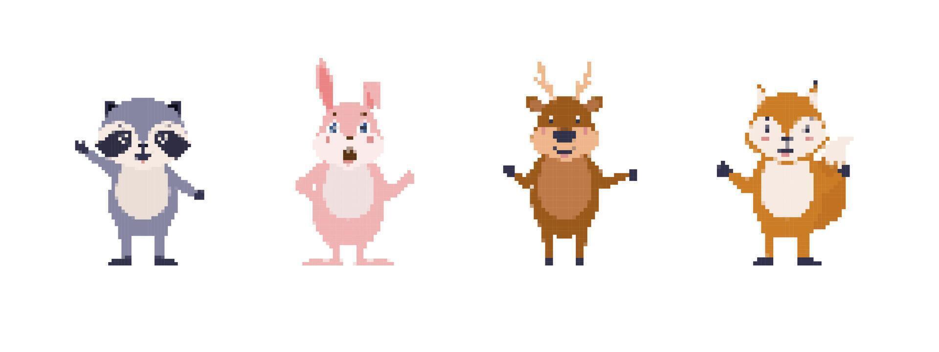 Pixel art animals with raccoon rabbit deer and squirrel holding devices vector