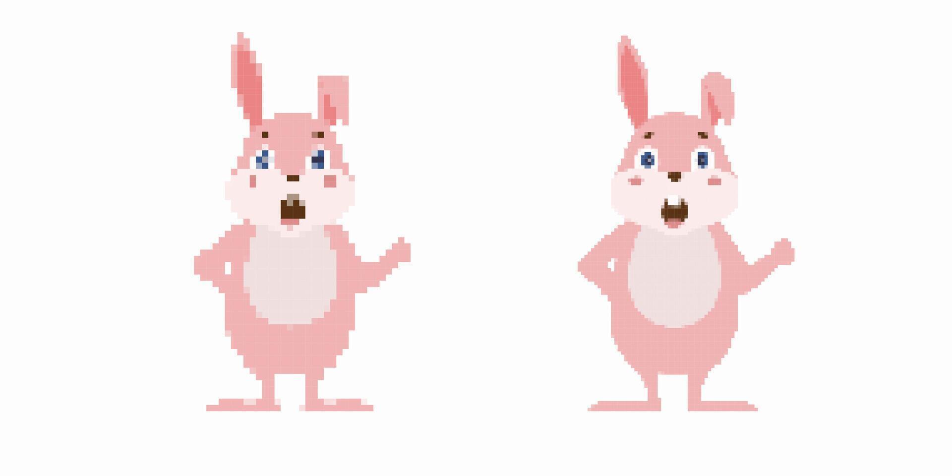 Pixel art styled cartoon rabbits with pink fur and blue eyes, both expressing surprise and joy vector