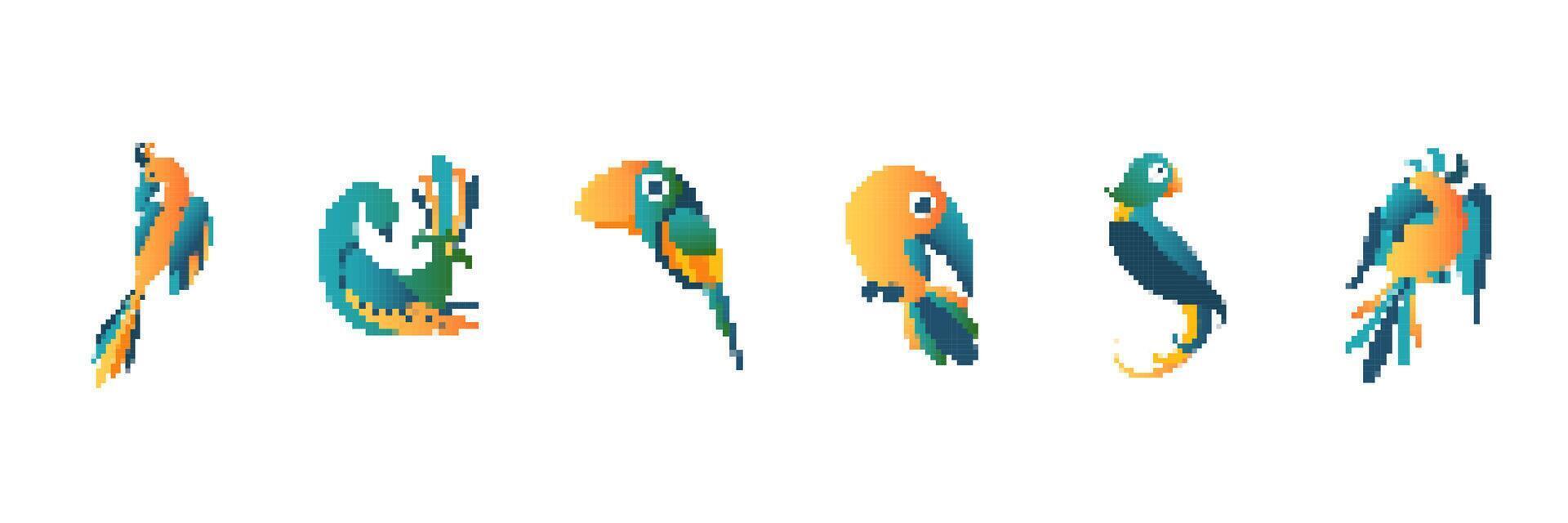 Colorful pixel art parrots in various poses with vibrant and unique designs showcasing creativity vector