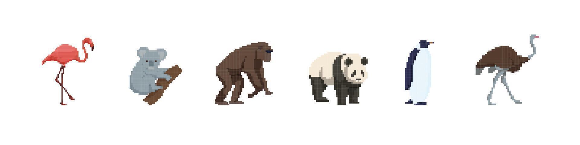 Pixel art animals displaying unique features and characteristics in minimalist style vector