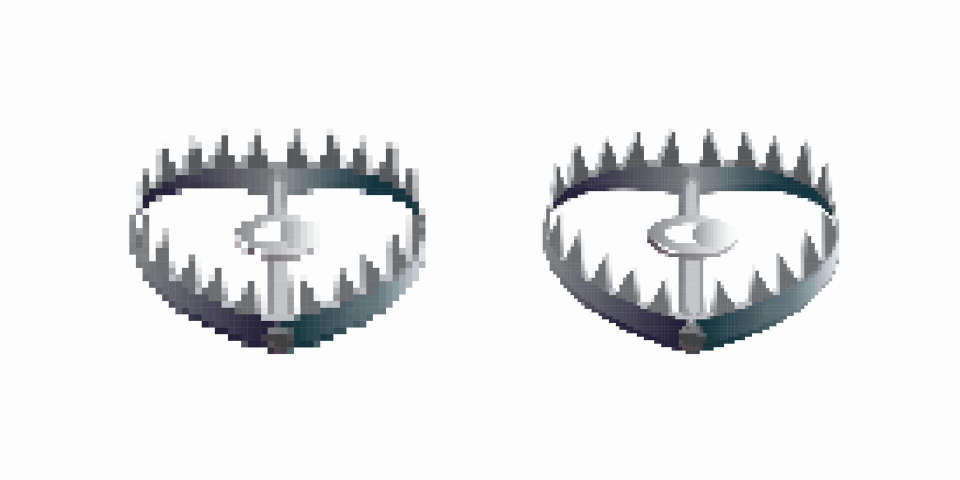 Two metal bear traps displaying sharp teeth for holding large animals vector