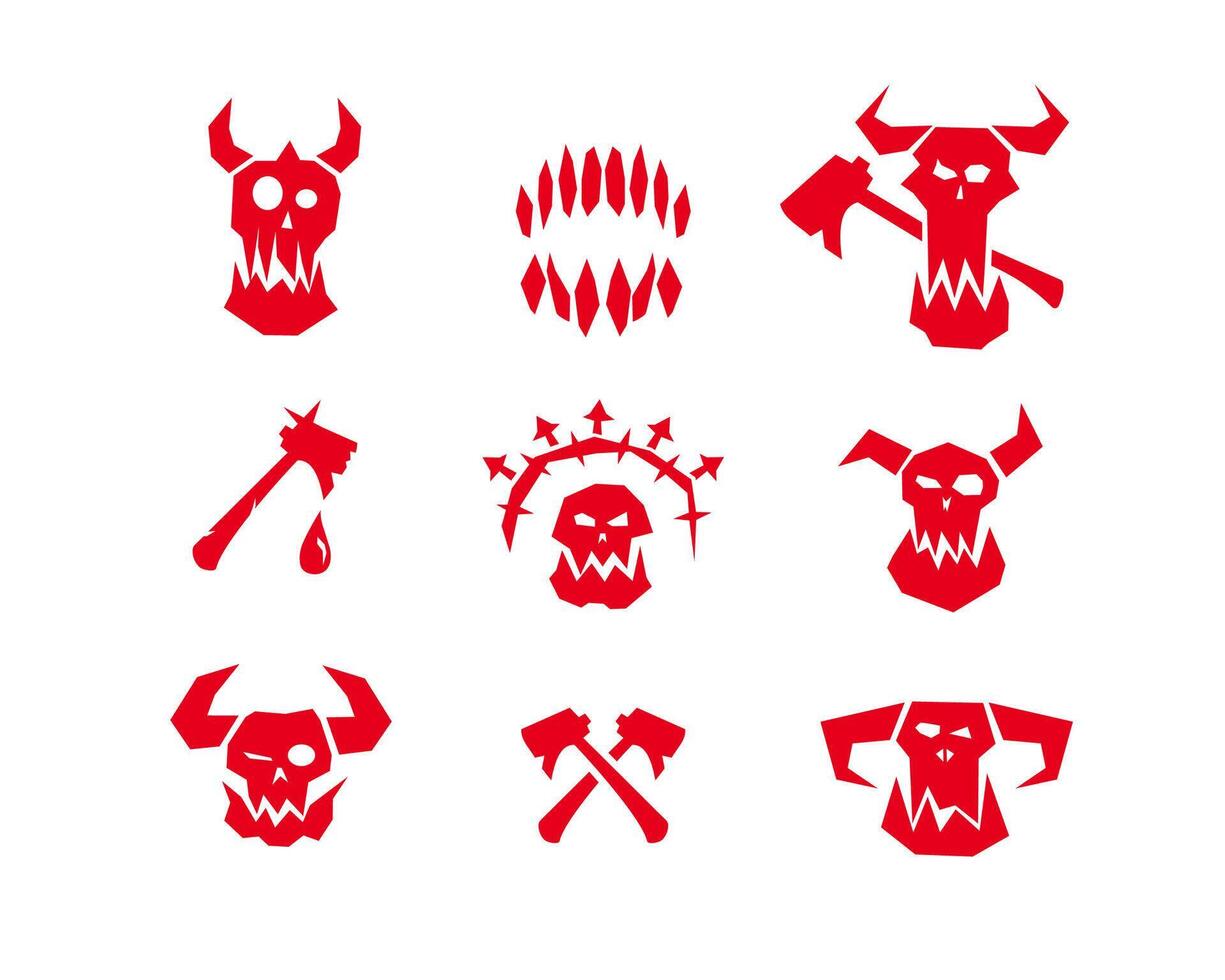 Orc skull icon with horns and axes for brutal fantasy themes. vector