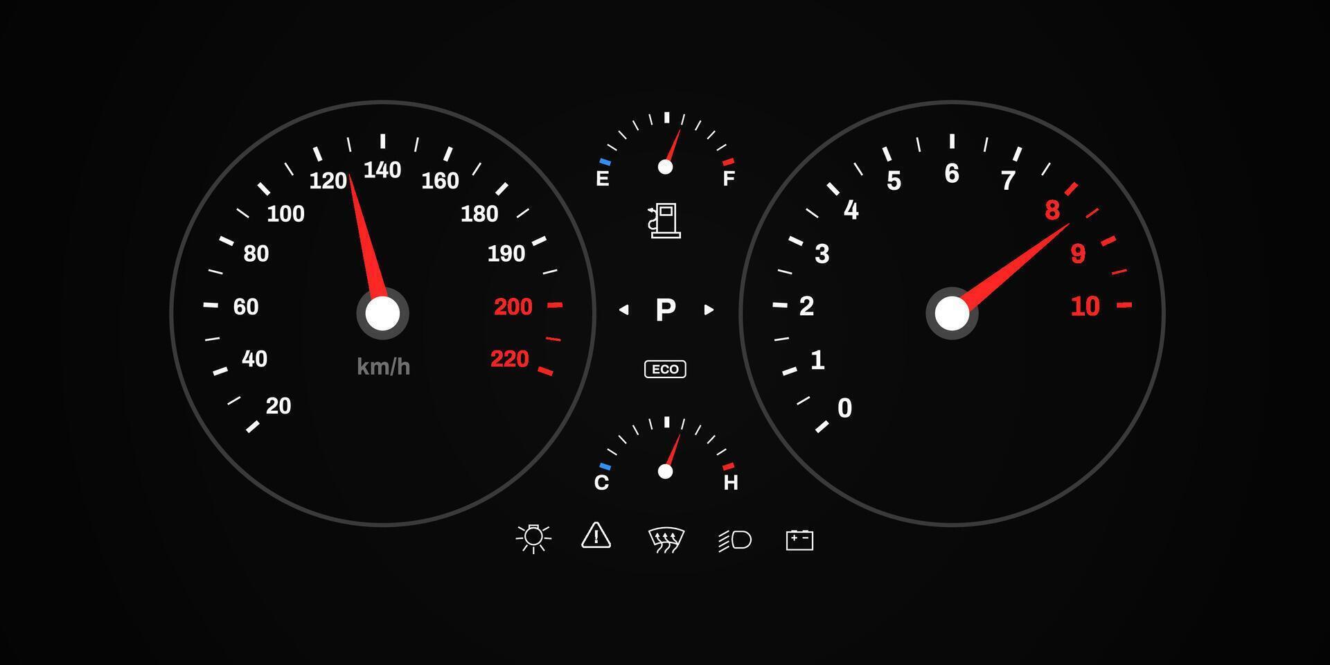 Speedometer and tachometer dashboard with fuel and temperature gauges vector