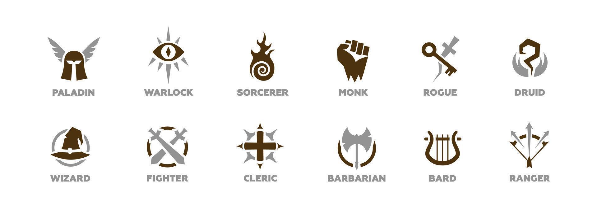 Fantasy class symbols for gaming and role-playing characters including paladin and wizard vector