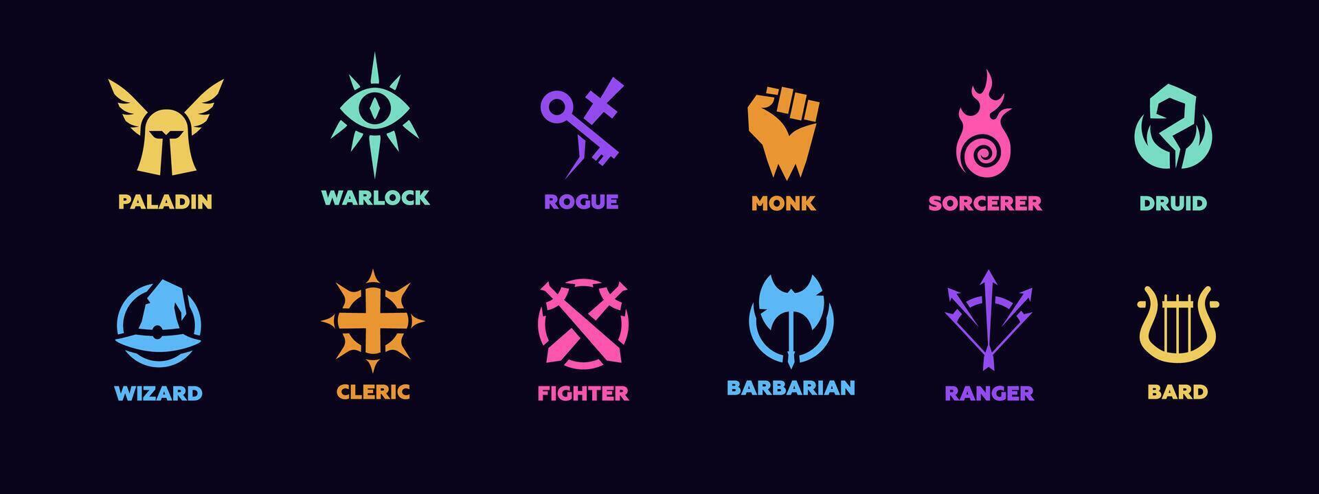 Colorful symbols of fantasy class characters featuring unique icons and elements vector