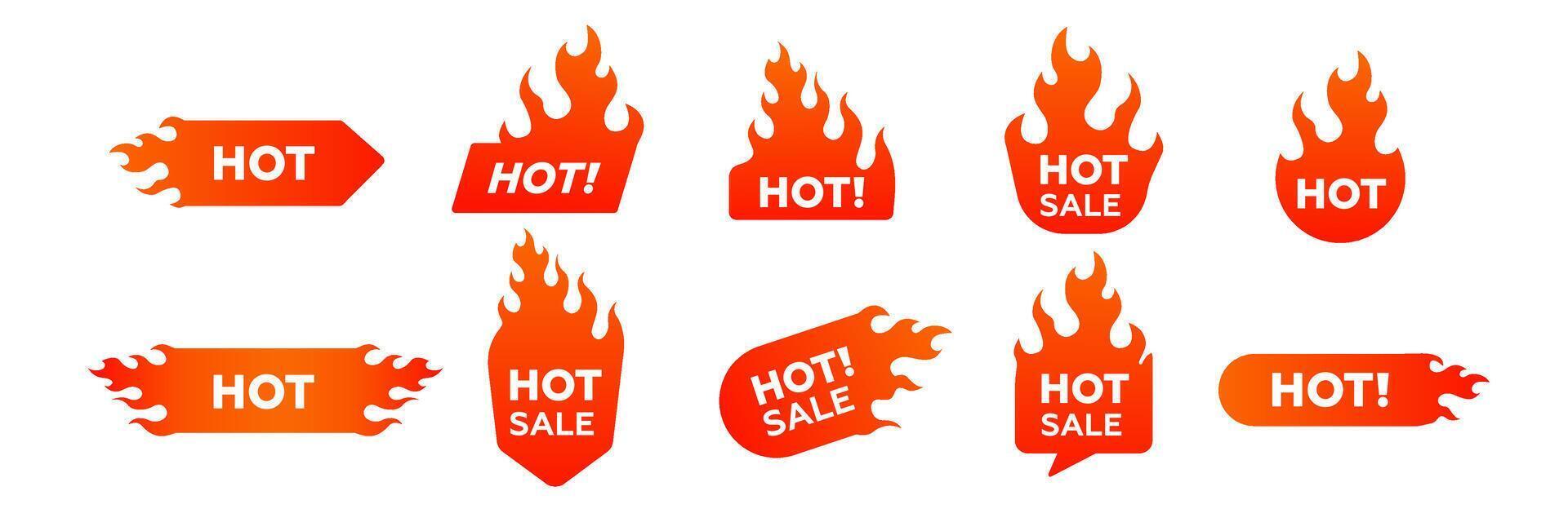 Bright red hot sale labels with fire shapes and bold text for marketing and advertising vector