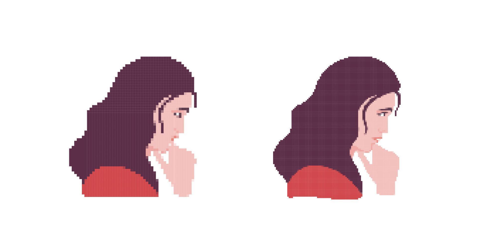 Side and front view of woman pixel art with red top and long hair vector