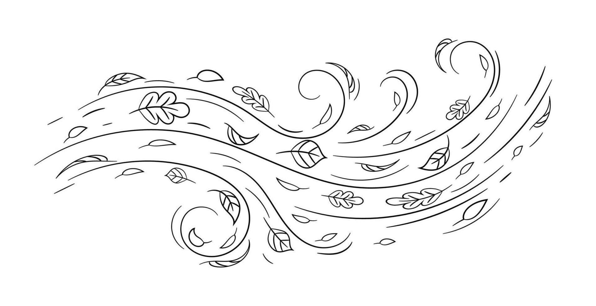 Stylized swirling wind with leaves in simple black line art design vector