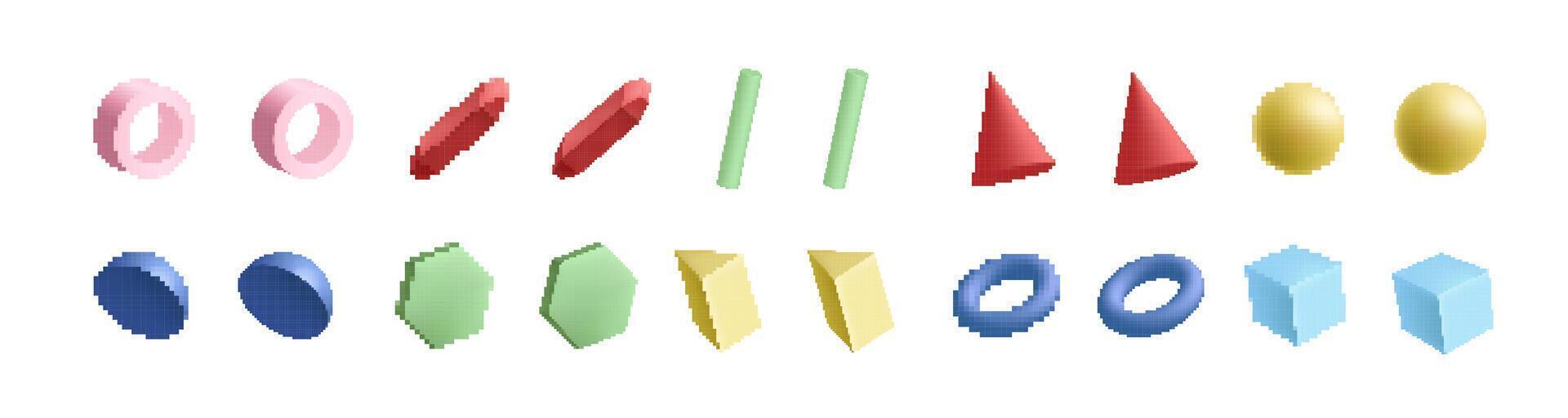Colorful geometric shapes of various forms including cones and spheres in a unique pattern vector