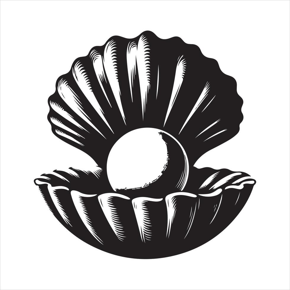 seashell with a pearl inside black silhouette white background vector