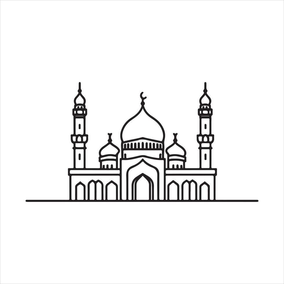 one line Muslim Mosque black silhouette on white background vector