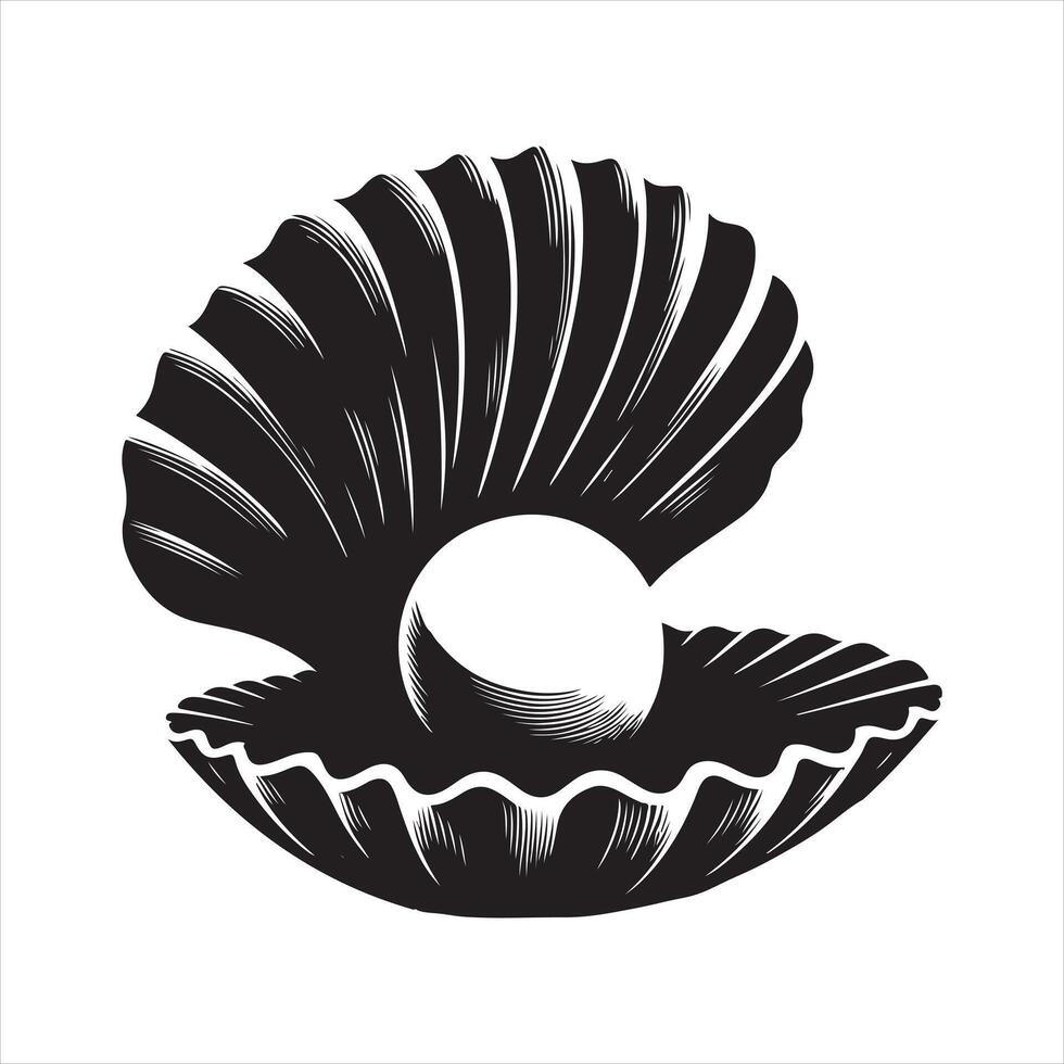seashell with a pearl inside silhouette on white background vector