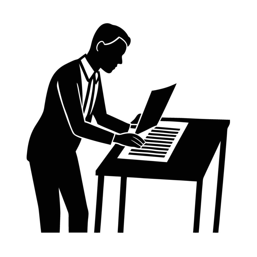 Person reviewing documents at a desk silhouette for meticulous analysis vector
