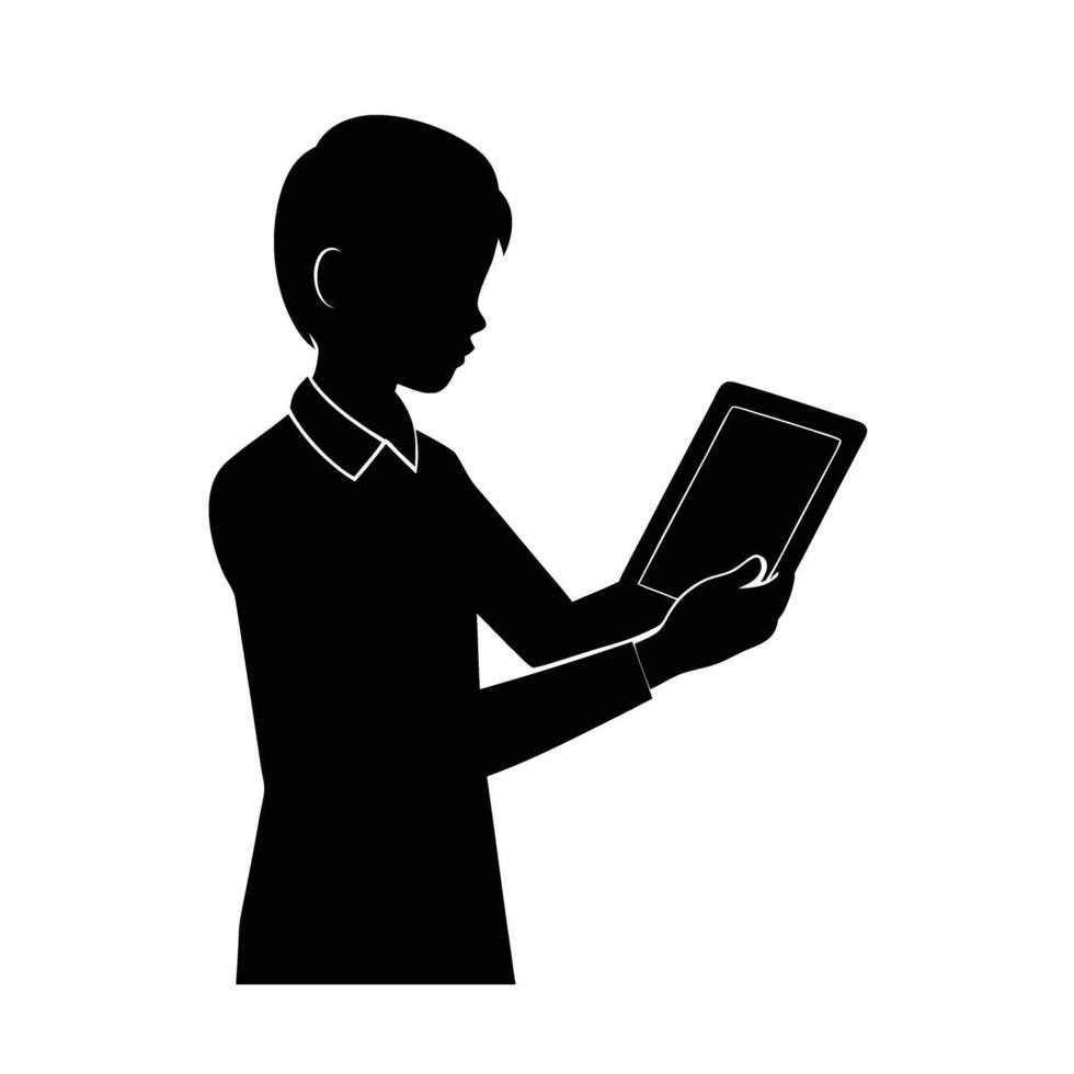 Person using a touchscreen tablet silhouette for interactive digital collaboration vector