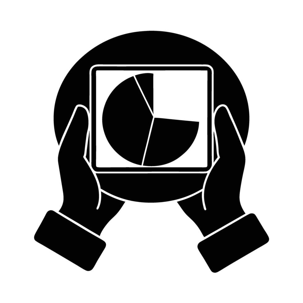 Business silhouette of hands holding tablet displaying pie chart for data analysis vector