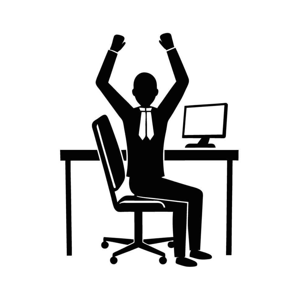 Business silhouette of office worker stretching arms at desk to enhance flexibility vector