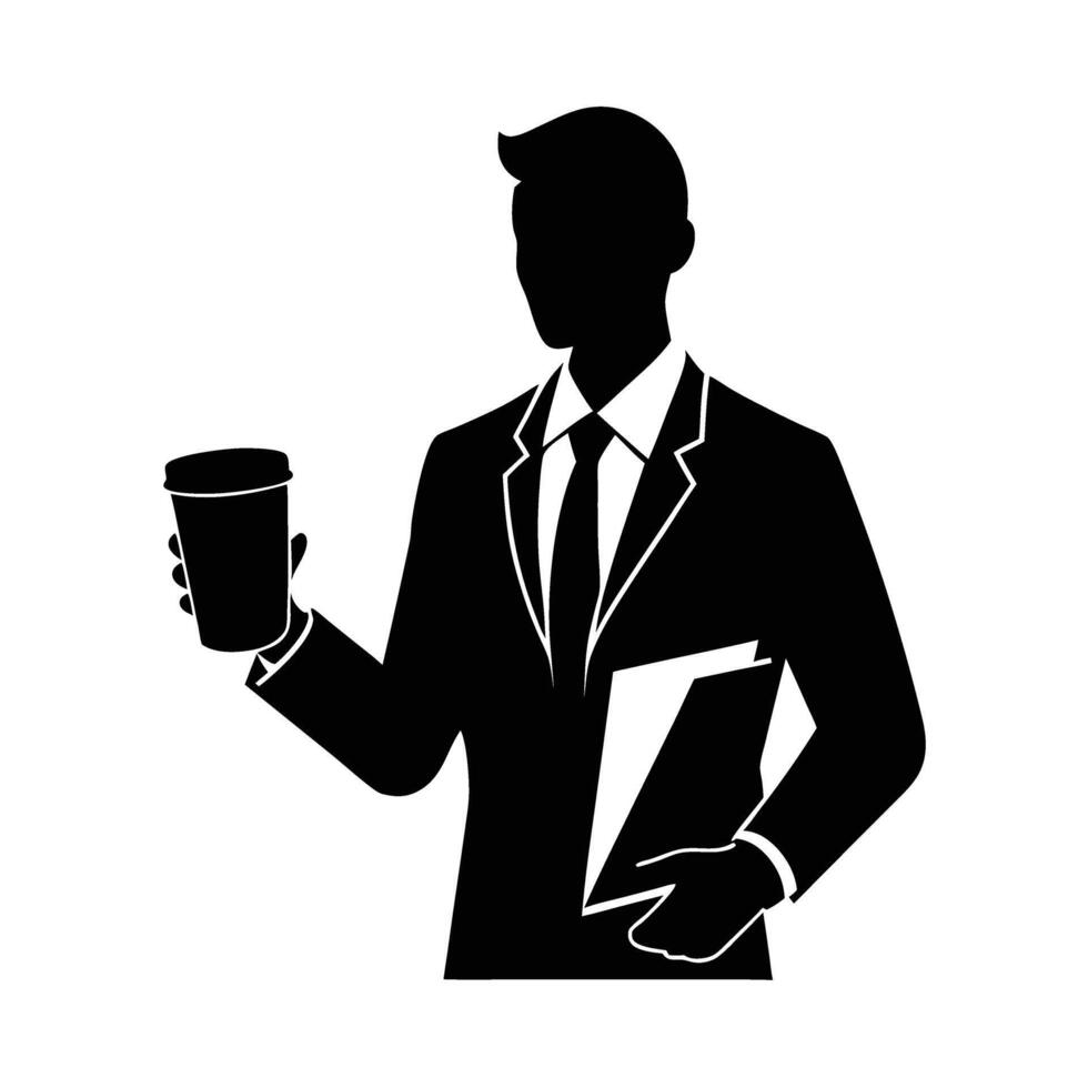 Business silhouette of office worker with paper coffee cup representing casual work culture vector
