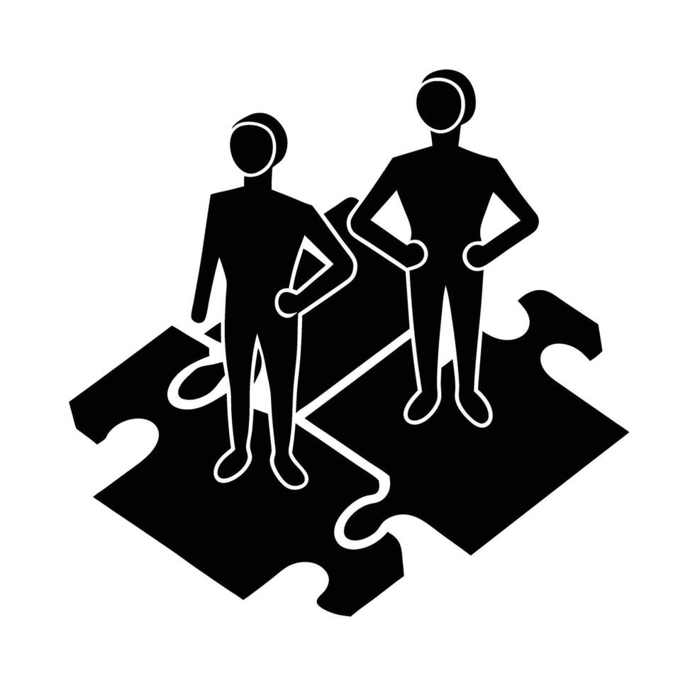Business silhouette of human figures standing on connected puzzle pieces for organizational synergy vector