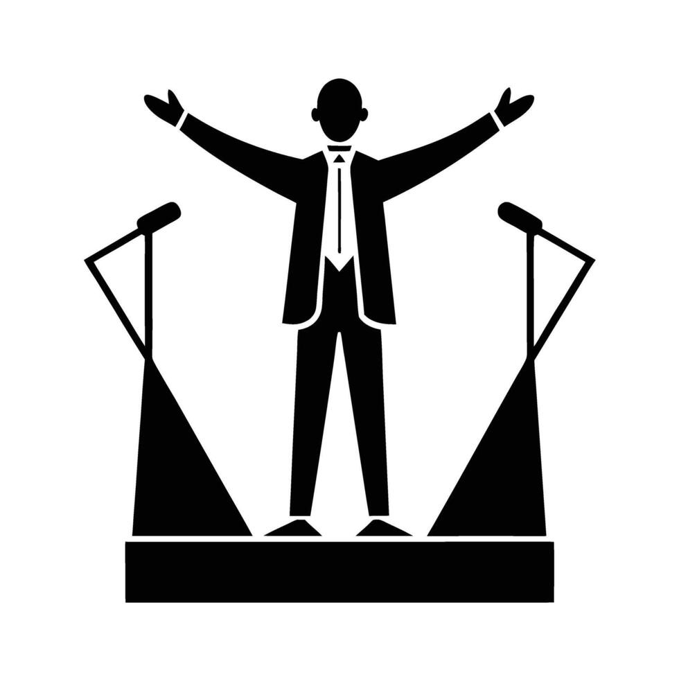 Business silhouette of presenter on stage with open arms symbolizing leadership vector
