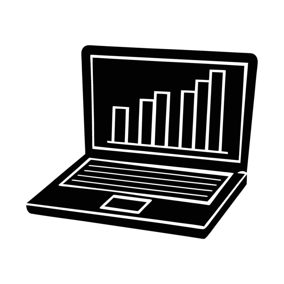 Business silhouette of over-the-shoulder laptop displaying bar chart for strategic review vector