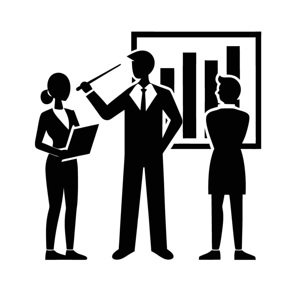 Business silhouette of team leader explaining graph for strategic performance insights vector