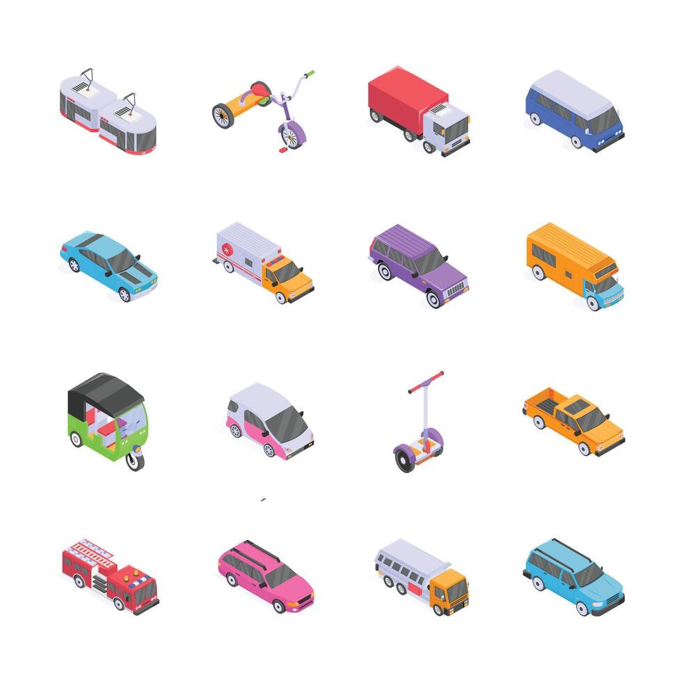 A set of brightly colored, isometric vehicle icons, perfect for presentations, websites, or educational materials. vector
