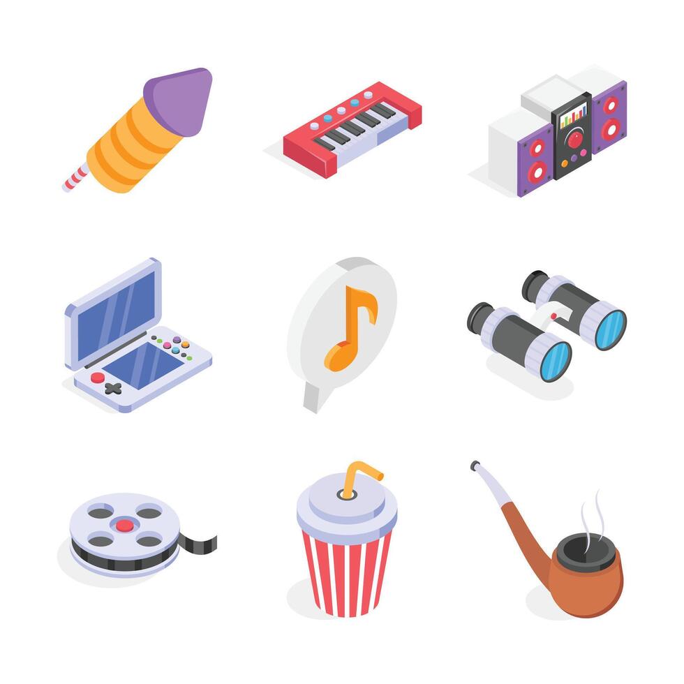 This image features a collection of colorful, isometric icons depicting various entertainment options. vector