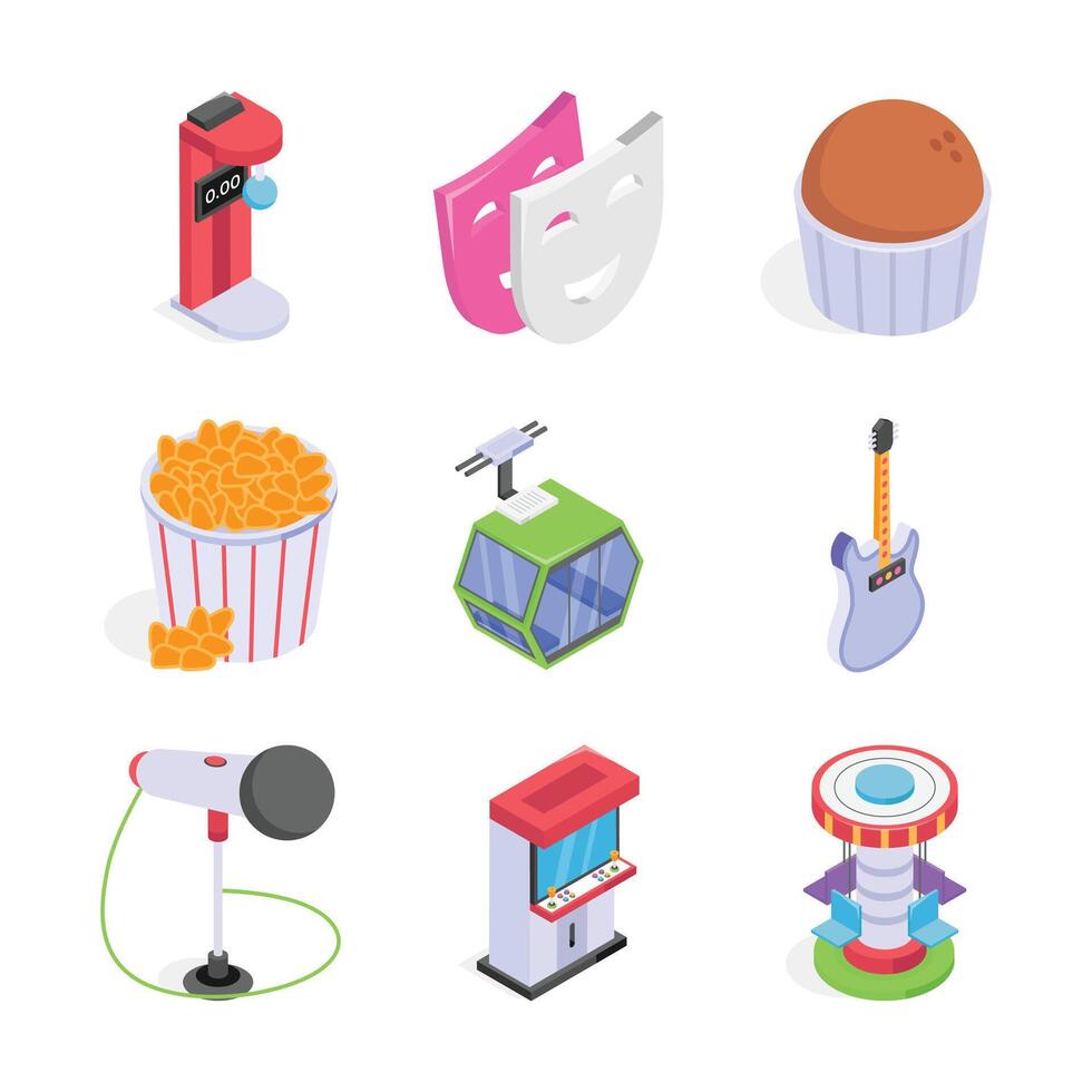 This set of colorful isometric icons depicts various entertainment and leisure activities. vector