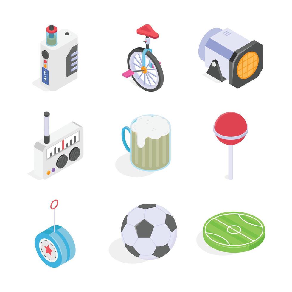 This set features colorful, isometric icons depicting various entertainment and leisure items. vector
