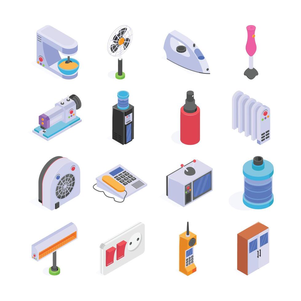 Vibrant isometric illustration showcases a collection of modern household appliances and gadgets vector