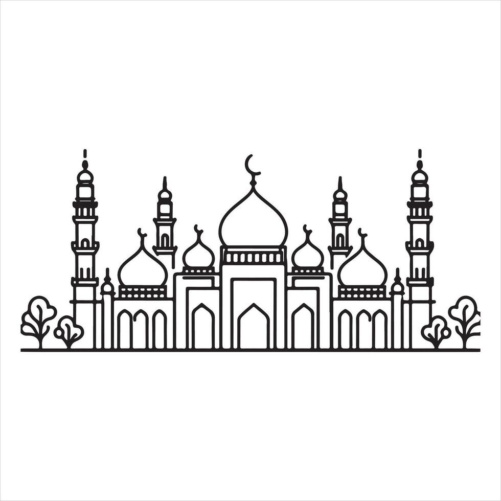 single line Muslim Mosque silhouette on white background vector