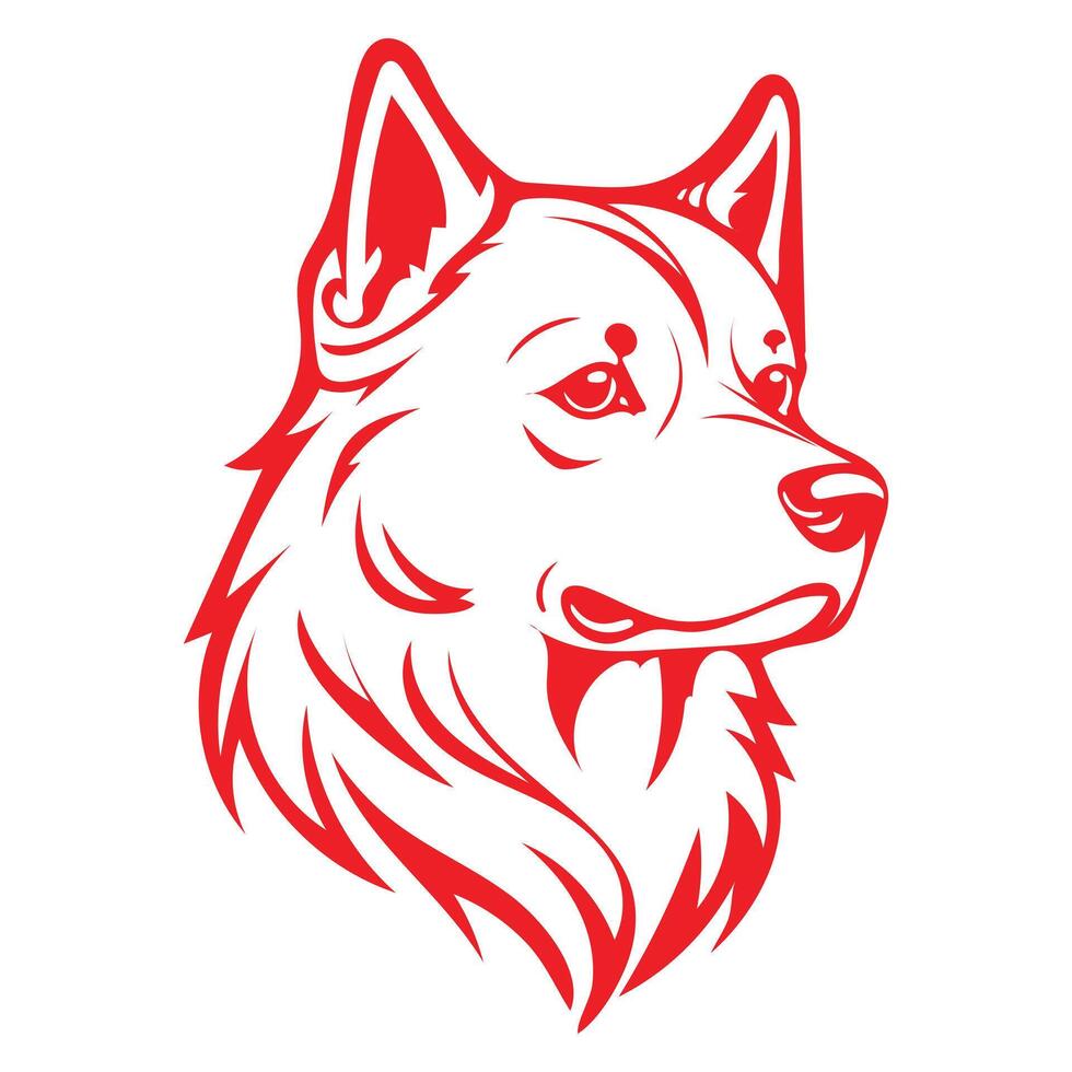 The head of a husky dog is shown in red vector