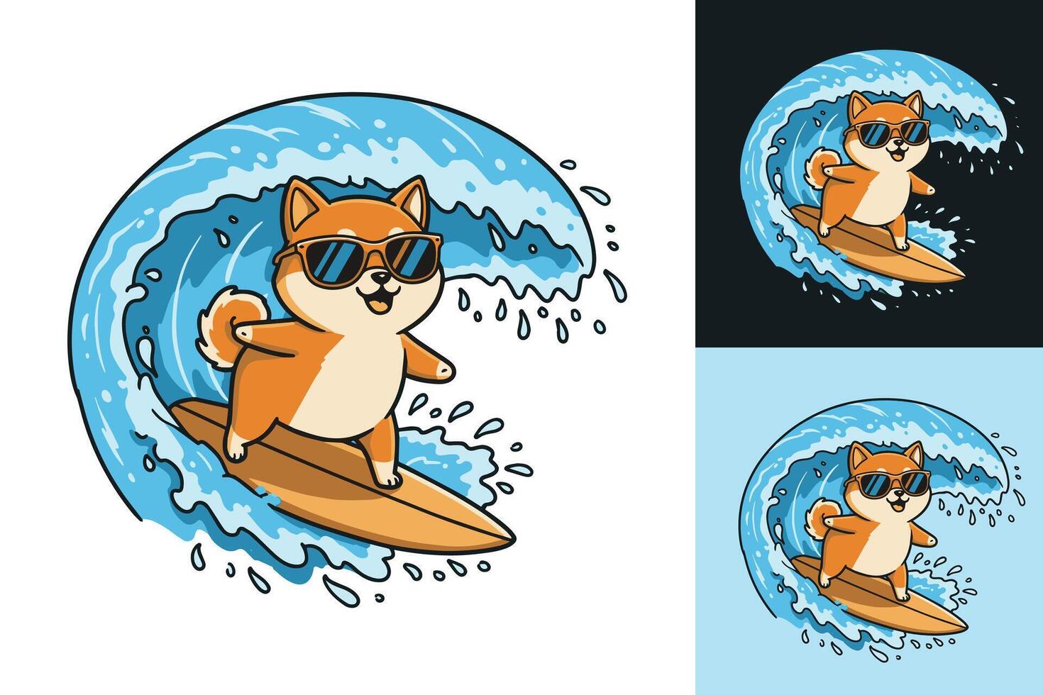 Flat and Minimalist Surfing Dog Logo Featuring a Cute Puppy with Sunglasses Balancing on a Surfboard in a Vibrant Ocean Scene vector