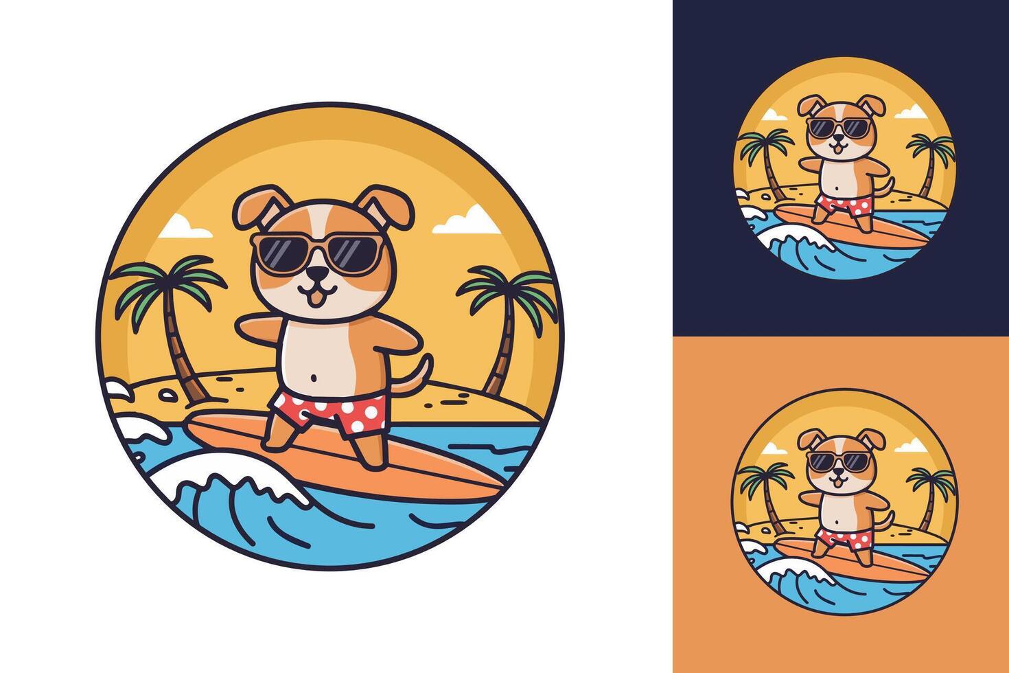 Modern Flat Minimalist Logo of a Cute Dog Wearing Sunglasses Surfing on a Wave with a Tropical Beach and Palm Trees vector