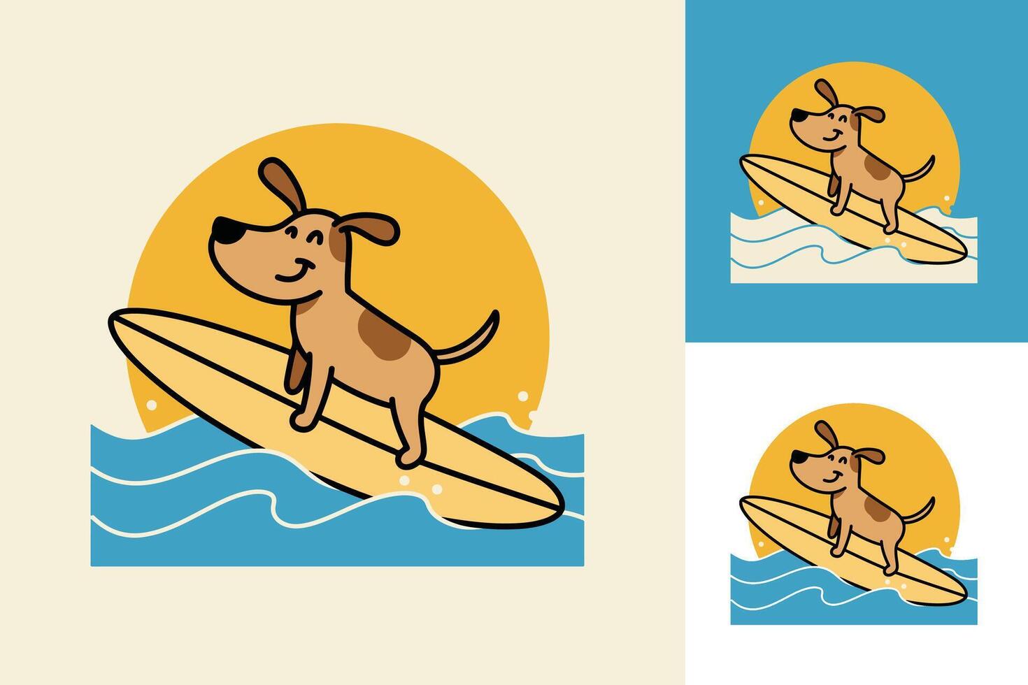 Playful and Cool Surfing Dog with Sunglasses Flowing Over the Ocean in a Modern Flat Style Beach Illustration vector