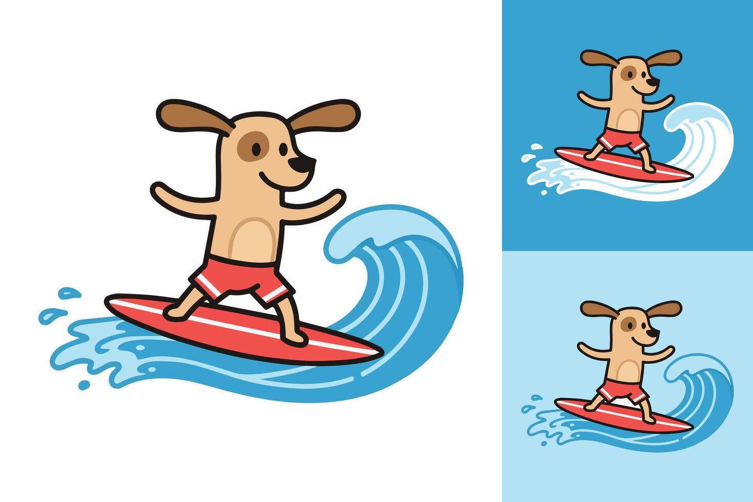Cute and Trendy Dog on a Surfboard with Sunglasses Gliding Over the Waves in a Bright and Colorful Beach Illustration vector