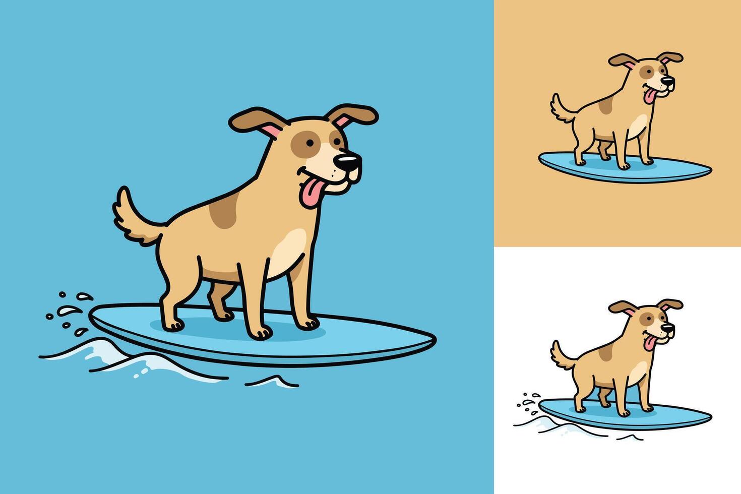 Creative and Fun Dog Surfing Illustration Featuring a Happy Pup with Sunglasses Gliding Over the Waves in a Minimalist Beach Design vector