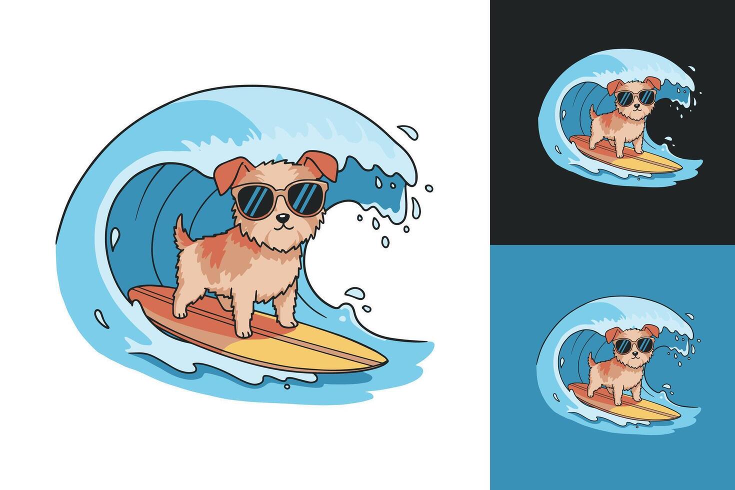 Stylish and Fun Dog Surfing Over Ocean Waves with Sunglasses in a Modern Beach-Themed Adobe Illustrator Logo Design vector