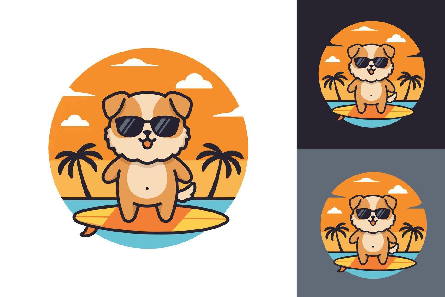 Minimalist Flat Illustration of a Cool Surfing Dog Wearing Shades and Catching a Wave with a Palm Tree-Lined Shoreline vector