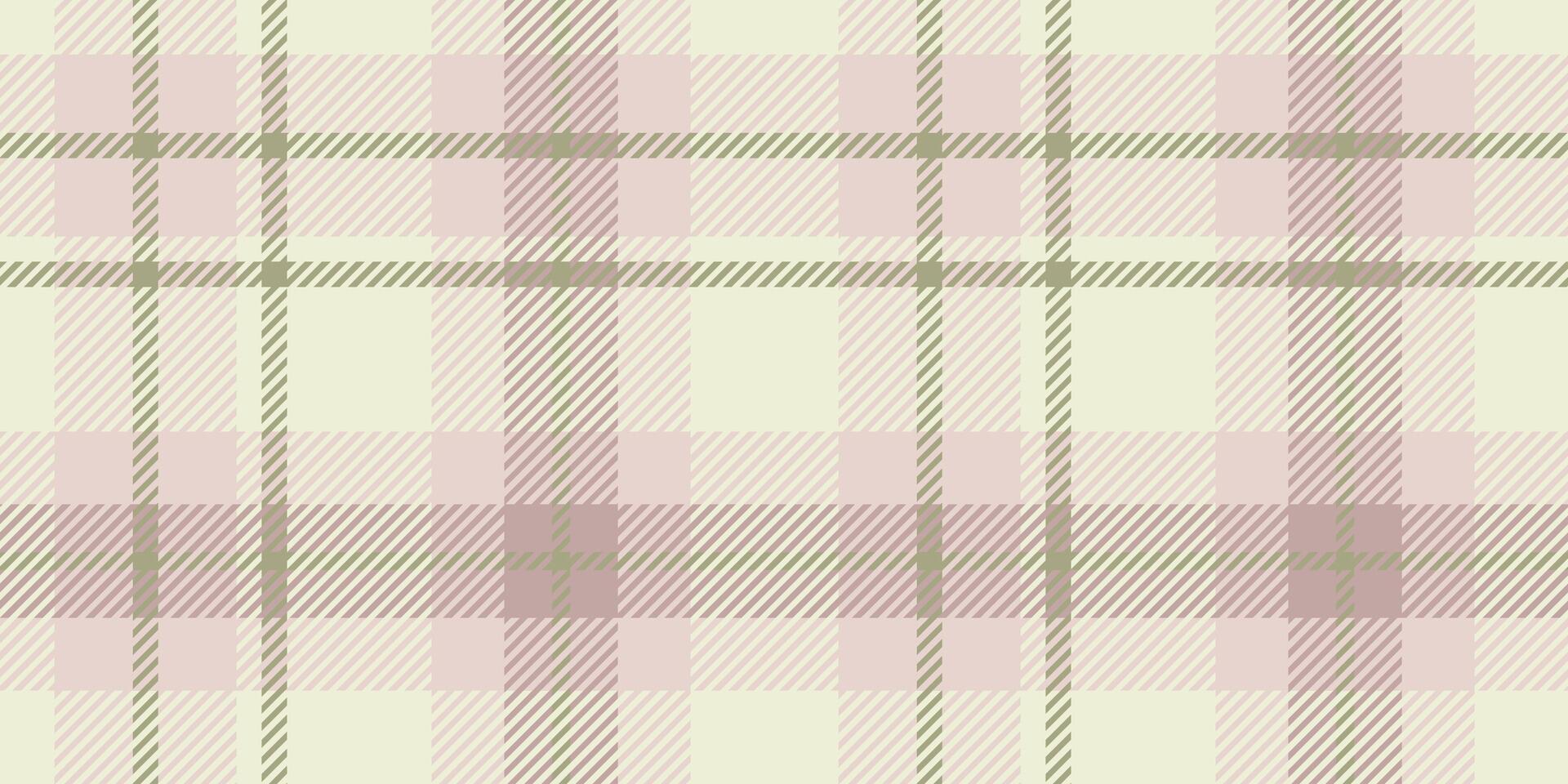 Traditional tartan pattern in soft, earthy tones of beige, light pink, and olive green, with a symmetrical design suitable for textiles and backgrounds. vector