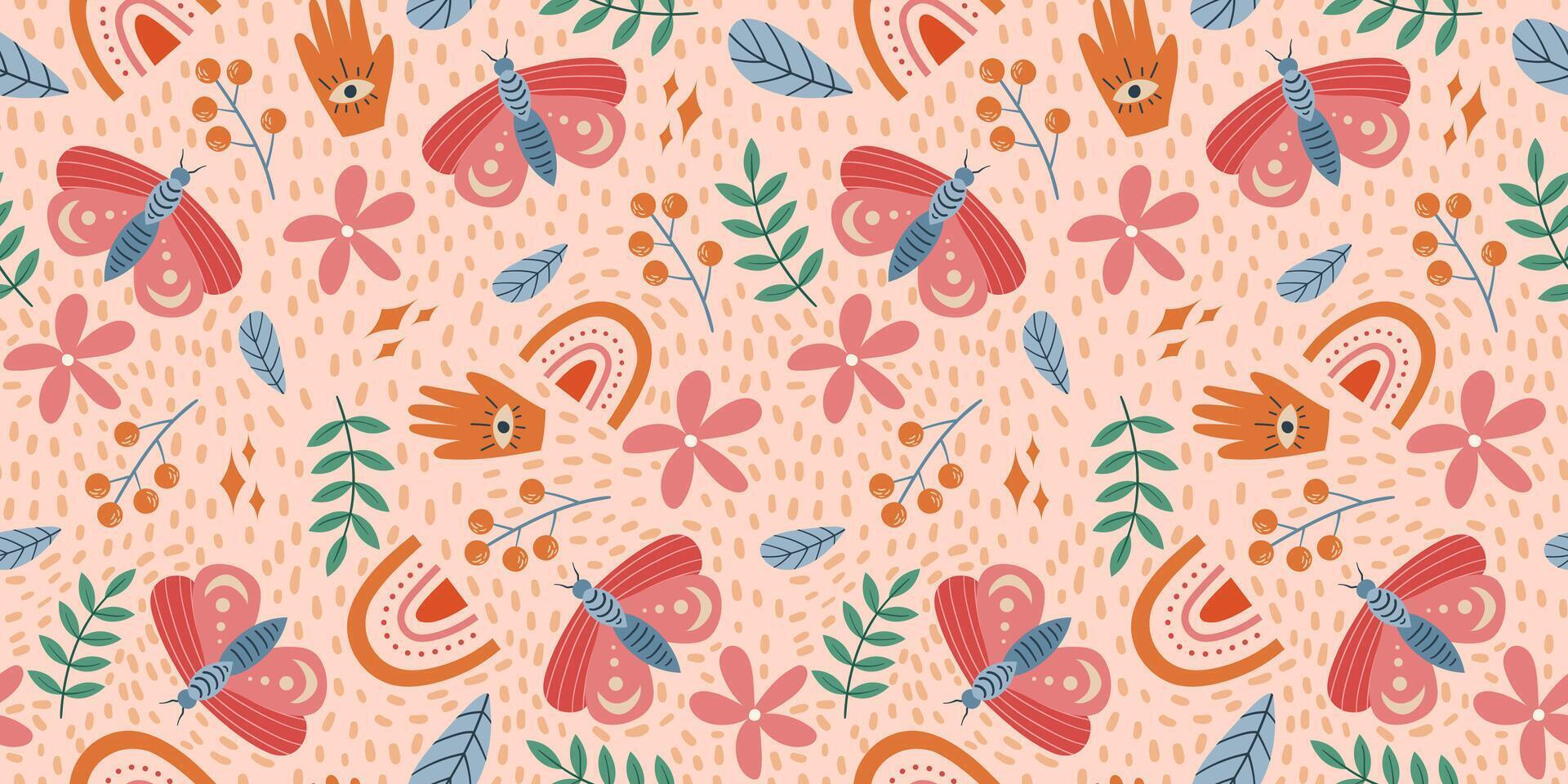 Seamless Butterfly and Floral Pattern with Mystical Symbols, Hand Drawn Botanical Elements, and Soft Vibrant Colors on Light Beige Background for Textiles and Crafts vector