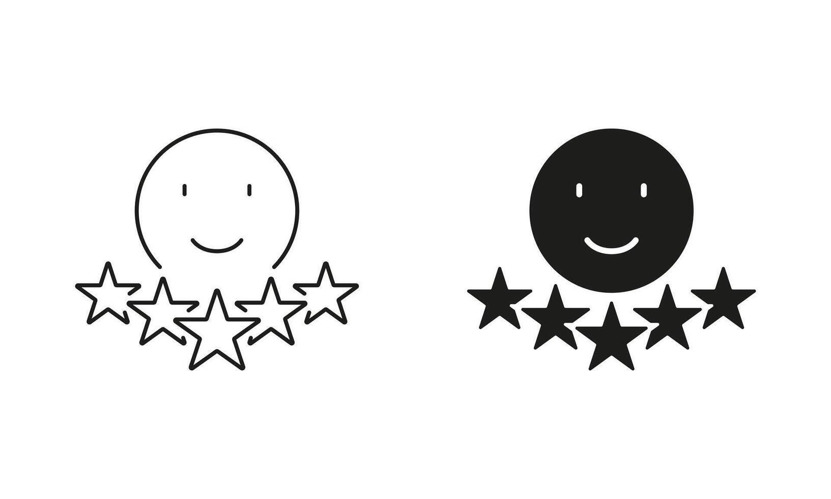 Five Stars Experience Symbol. Customer Review, Client Satisfaction Sign. Positive Feedback Line and Silhouette Icon Set. Happy Emoticon Pictogram. Editable Stroke. Isolated Illustration vector