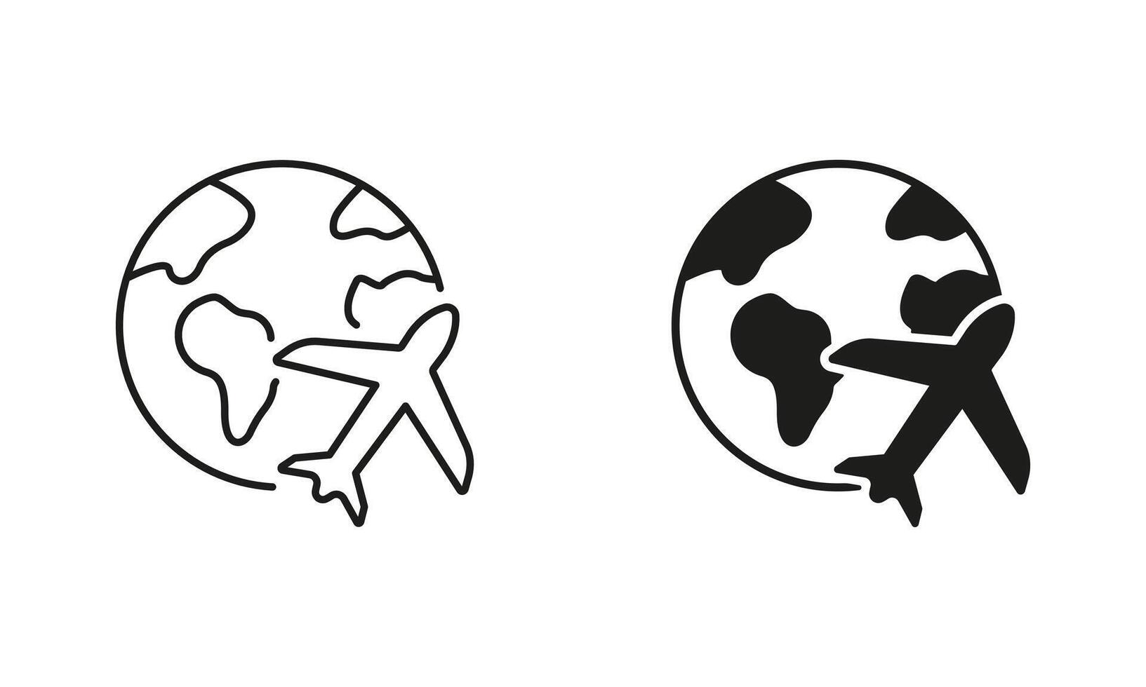 Globe with Plane Line and Silhouette Icon Set. Airplane with Planet Earth Symbol. Air Transport Sign. Editable Stroke. Isolated Illustration vector