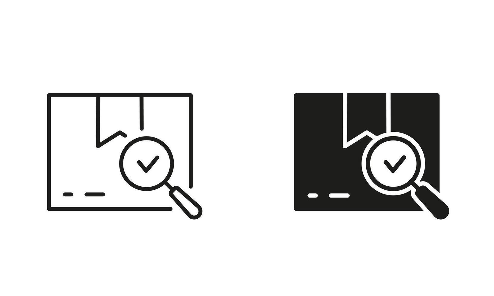Carton Box with Checkmark and Magnifier. Checked Parcel Line and Silhouette Icon Set. Delivery Service Symbol. Editable Stroke. Isolated Illustration vector