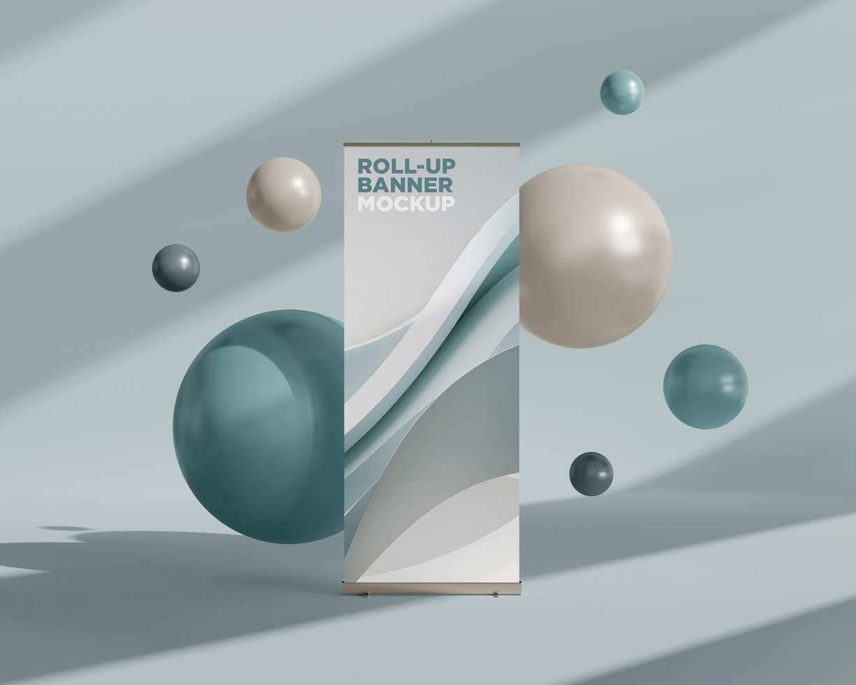 Minimalist Roll-Up Banner Mockup with Floating 3D Ball psd