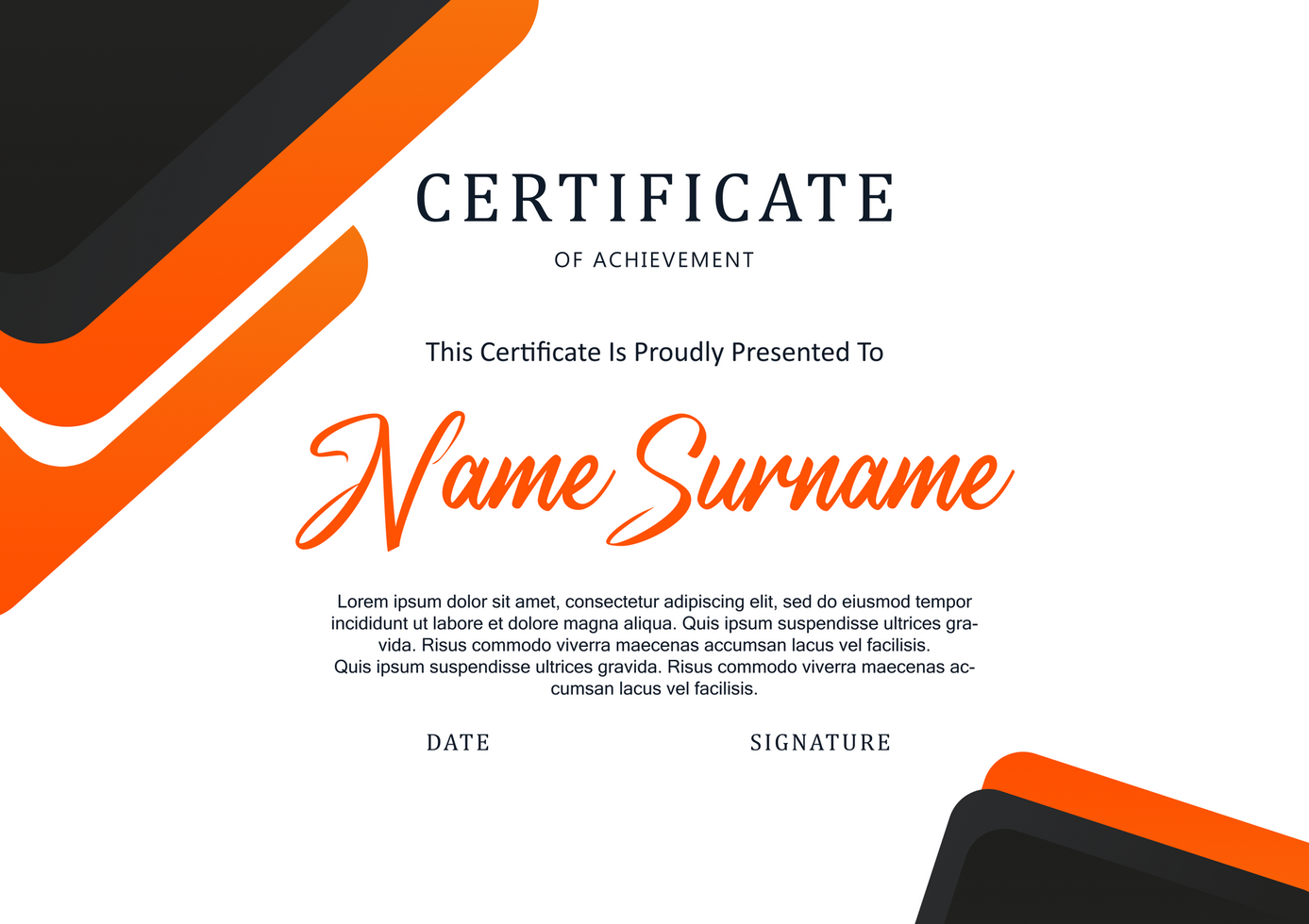 Modern Orange Certificate of Achievement Template with Professional Design psd