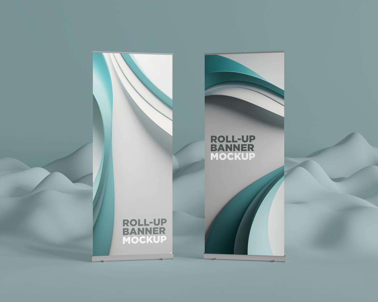 Two Roll-Up Banner Mockups with a Slightly Hilly Background psd
