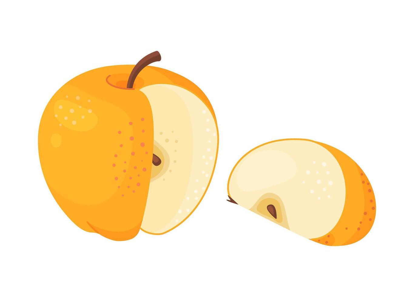 Yellow ripe apple Chopped apple and apple wedge, fresh garden fruit. Hand drawn food clipart apple fruit, Flat style isolated on transparent background. Golden Delicious vector