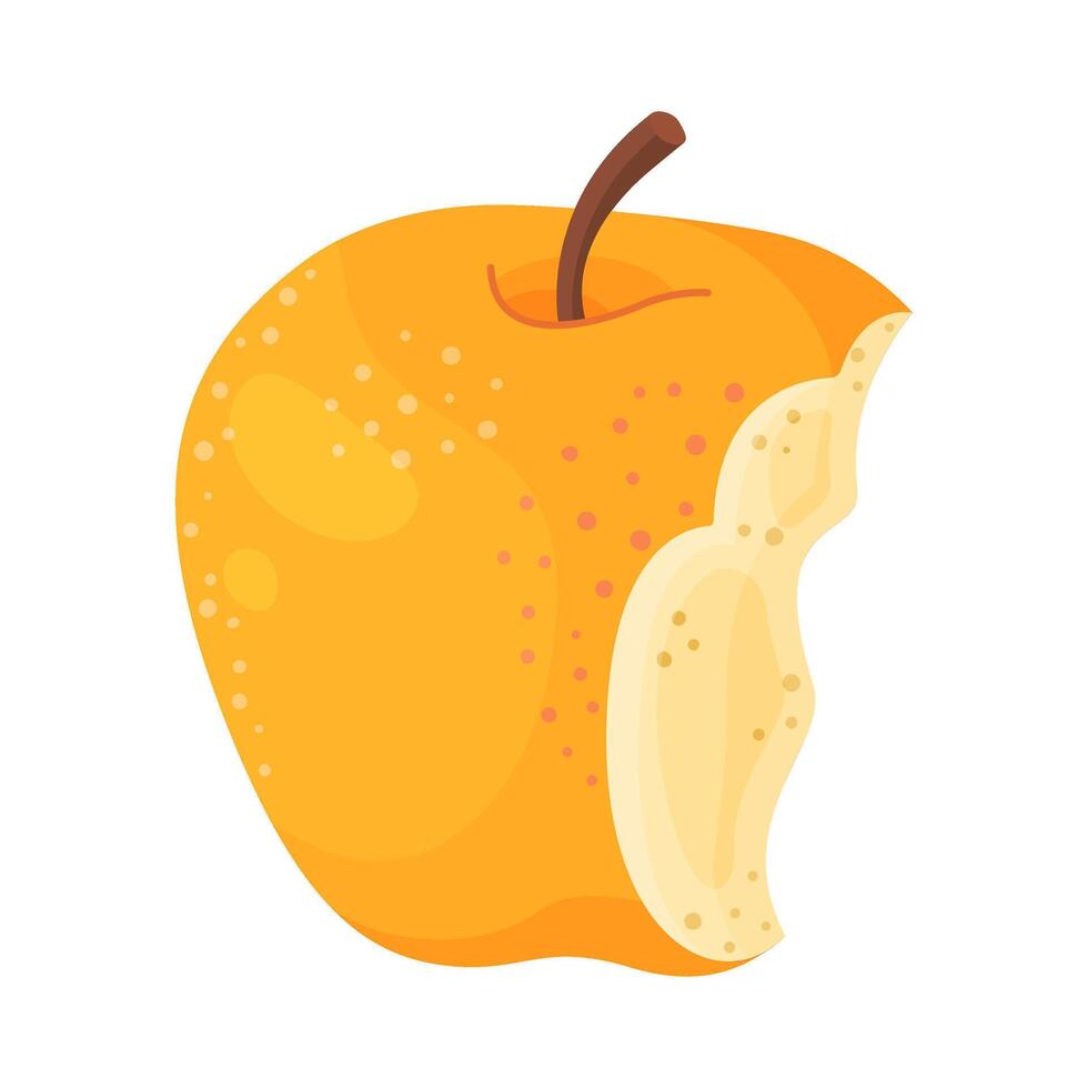 Yellow juicy apple with bitten off piece. Hand drawn trendy flat style isolated icon on a transparent background. Bitten apple fresh garden fruit. Golden Delicious illustration vector