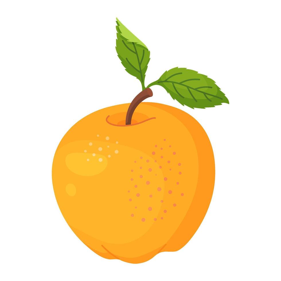 Yellow ripe apple with leaf, garden fruit. Hand drawn food clipart. Whole fruit with green leaf, Flat style isolated on transparent background vector
